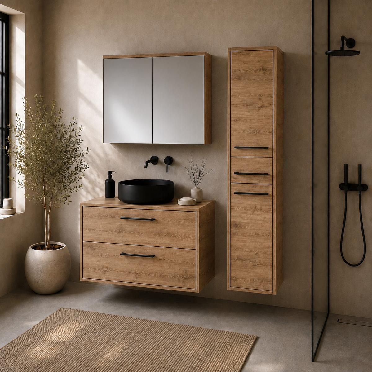 BADMÖBEL-SET Florence 3 Teile Kastanien eiche - 80 x 46 x 46 cm - Eichefarben, Holz (80/46/46cm) - Badplaats