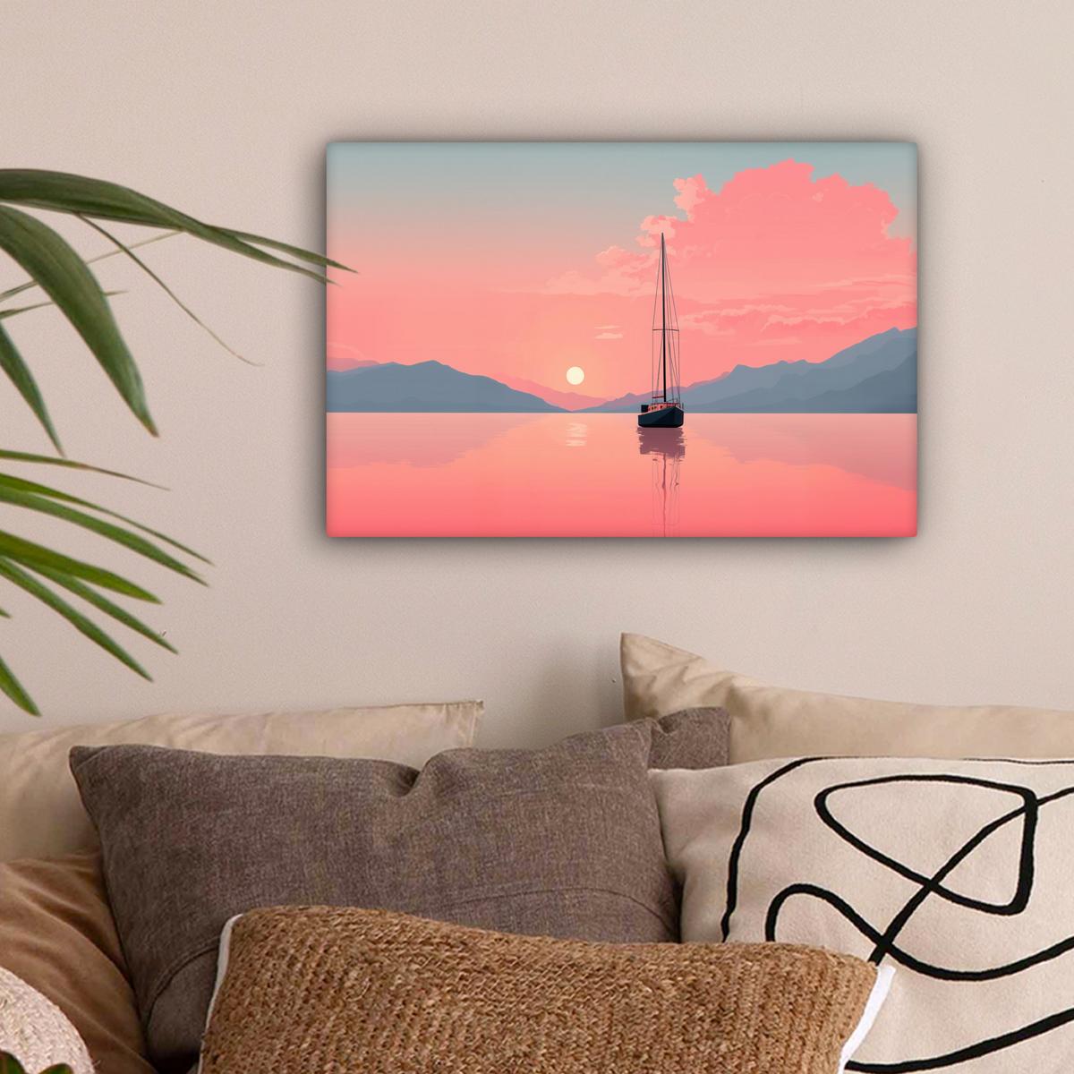 LEINWANDBILD Segelboot - Rosa Meer - Sonnenuntergang - Berge Deko Schlafzimmer 30x20 cm - Rosa, Textil (30/20cm) - MuchoWow