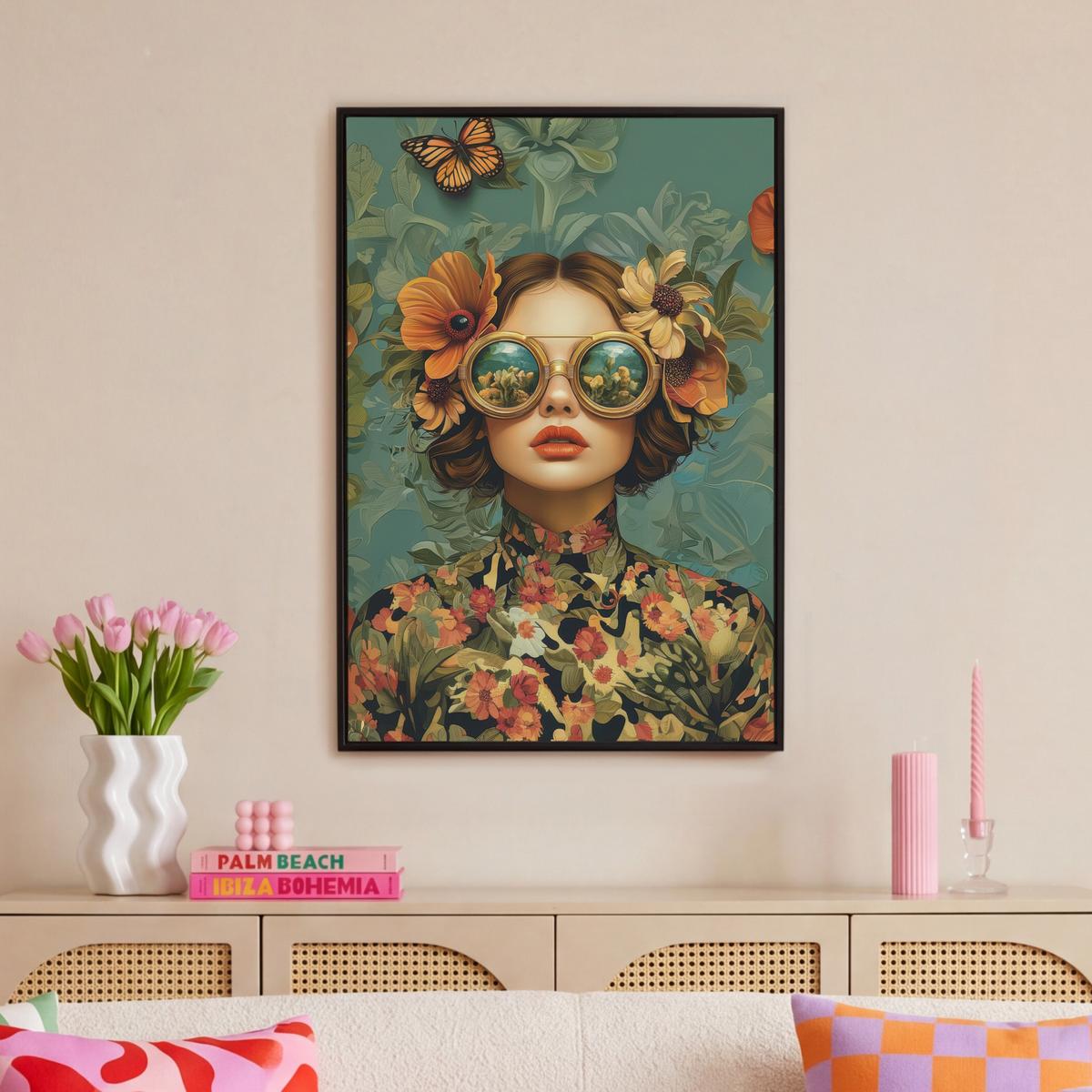 LEINWAND Bilder mit Rahmen - Frau - Blumen - Schmetterlinge - Natur - Vintage - 60x90 - Salbeigrün, Textil (60/90cm) - MuchoWow