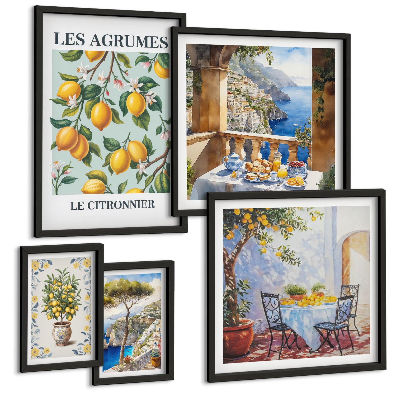 BILDER SET 5er Set - 50x50 cm & 20x30 cm & 40x60 cm Schwarzer Rahmen - Küchenkräuterpflanzen Beschriftungen - Schwarz, Kunststoff (40/60cm) - TULUP