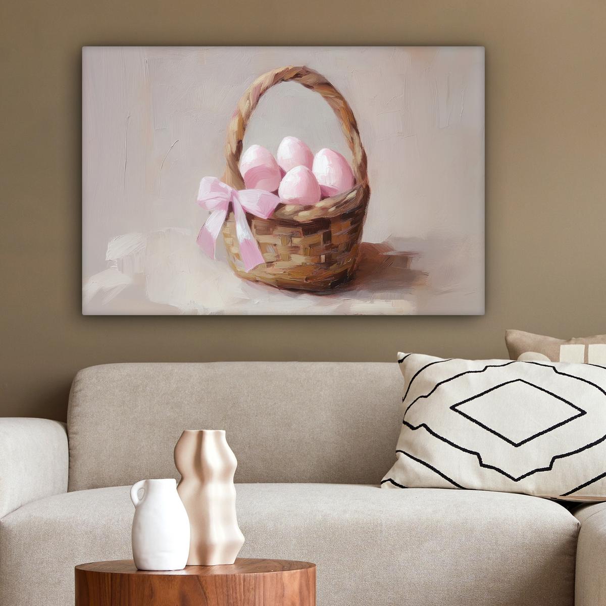 LEINWANDBILD Korb - Eier - Rosa Gemälde 60x40 cm - Beige, Textil (60/40cm) - MuchoWow