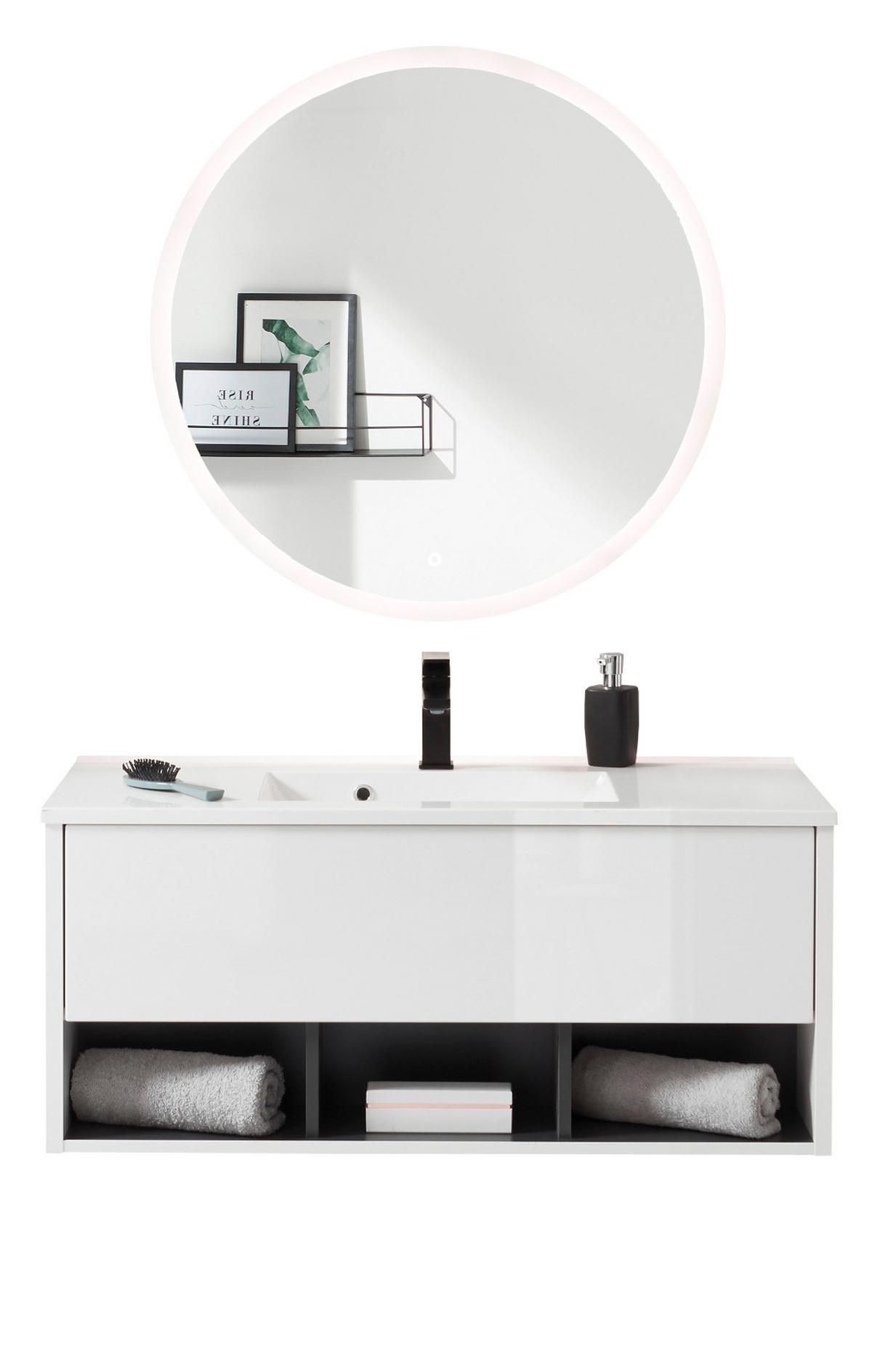 BADMÖBEL-SET weiß Hochglanz, grau, Kombination mit Waschbecken und LED Beleuchtung 100 cm - Weiß Hochglanz/Grau, Glas/Holzwerkstoff (100/190/47cm) - Furn.Design