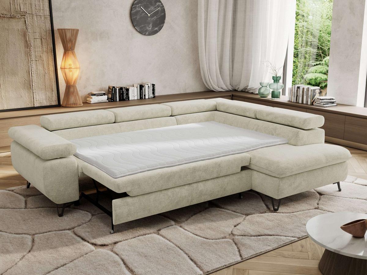 ECKSOFA PABLO L Creme Schenille grob gewebt - Rechts Seite - Creme/Schwarz, Textil/Metall (273/208cm) - MKS