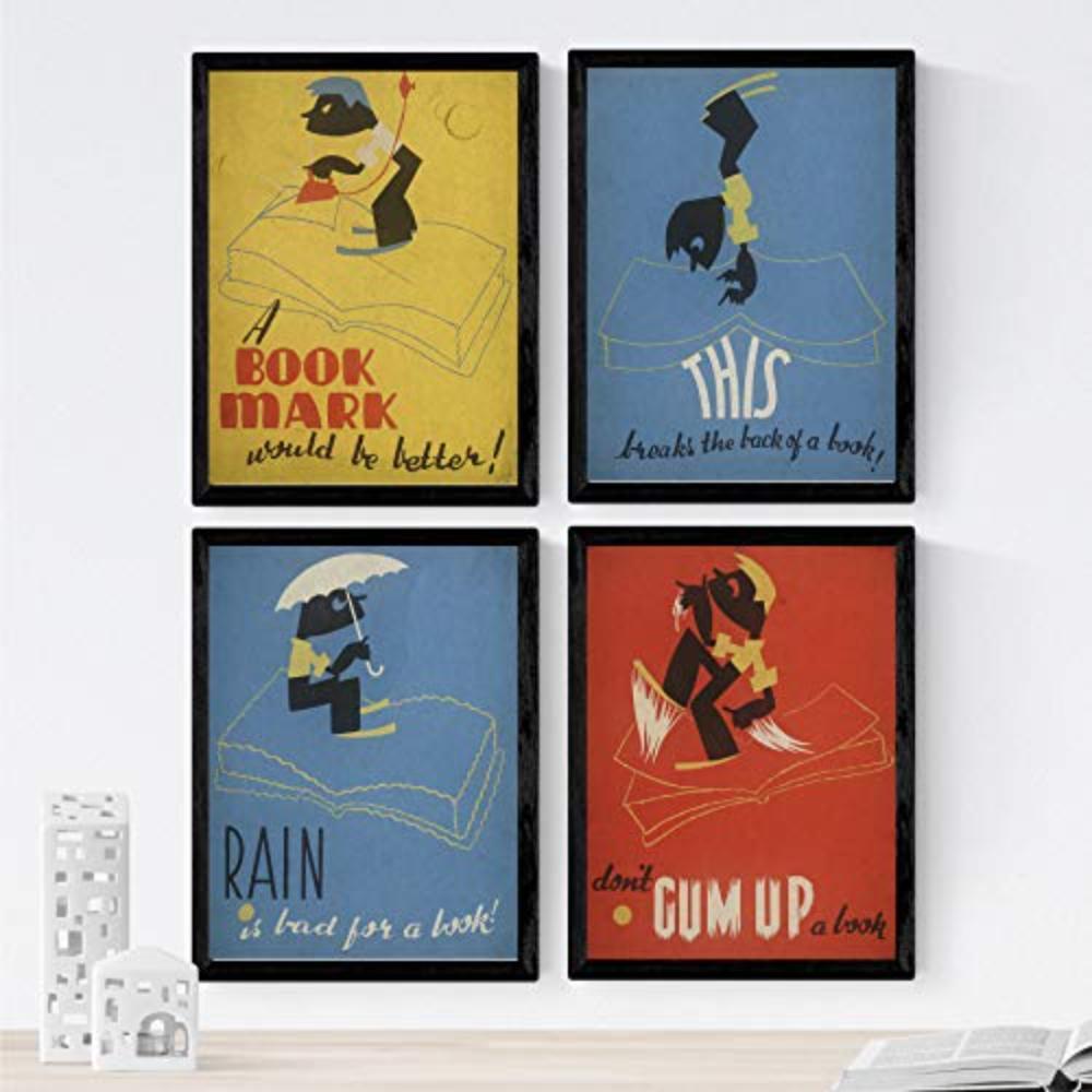 POSTER Set mit 4 JahrgangBibliothek und Bücher A4 Schwarzer Rahmen - Schwarz, Papier (29.7/3cm) - Nacnic