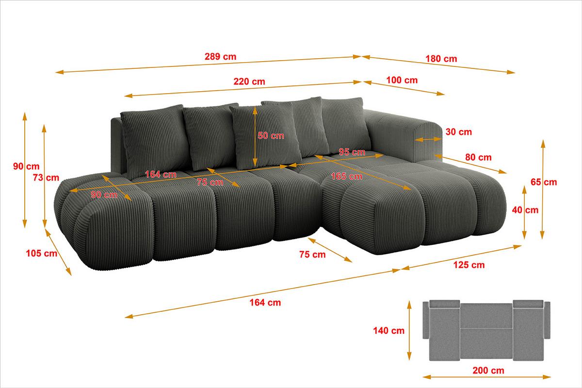 ECKSOFA Ottomane Rechts CLOUD-L-v1 280x185x90 Dunkelgrau Cord - Dunkelgrau, Holzwerkstoff/Kunststoff (185/280cm) - ALTDECOR