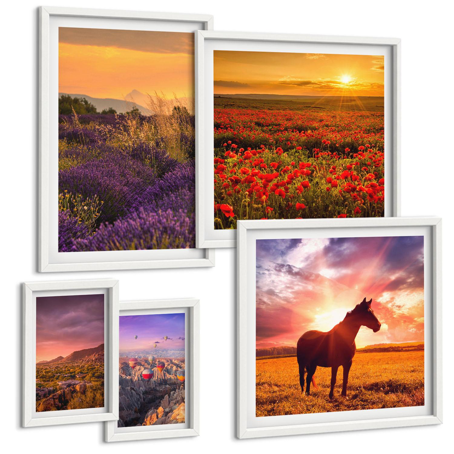 BILDER SET 5er Set - 50x50 cm & 20x30 cm & 40x60 cm Weißer Rahmen - Berglandschaft Rosslavendel - Weiß, Kunststoff (40/60cm) - TULUP