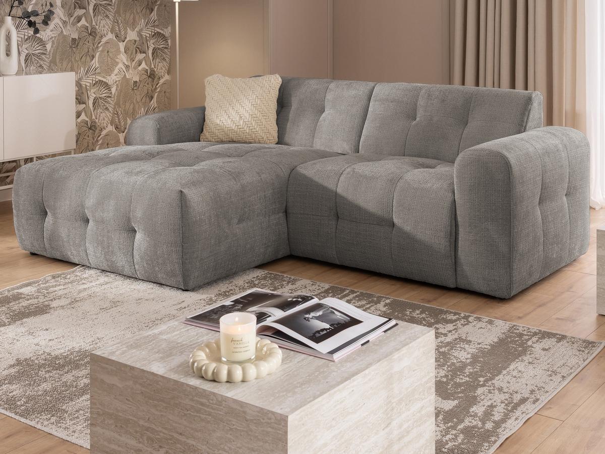 ECKSOFA Kozy im Bumpy-Design mit fester Rückenlehne aus weichem Taupe Chenille-Stoff - Ottomane links - Taupe/Schwarz, Holz/Kunststoff (161/234cm) - S-Style