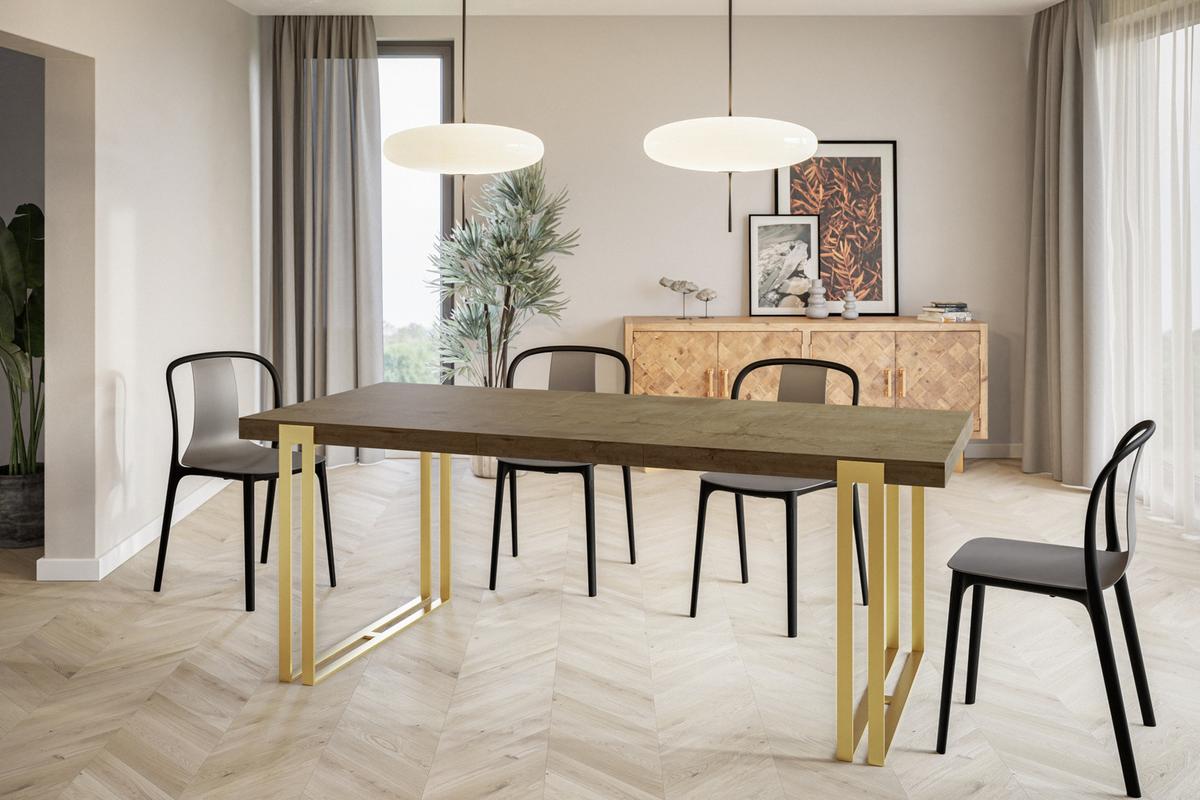 RECHTECKIGER Esszimmertisch ROSA, ausziehbarer Tisch, Größe: 160-260X90X77 cm, Wohnzimmertisch Farbe: LEFKAS, mit Metallbeinen in Farbe Gold - Dunkelbraun/Goldfarben, Holzwerkstoff (160/90/77cm) - Alpi-Möbel