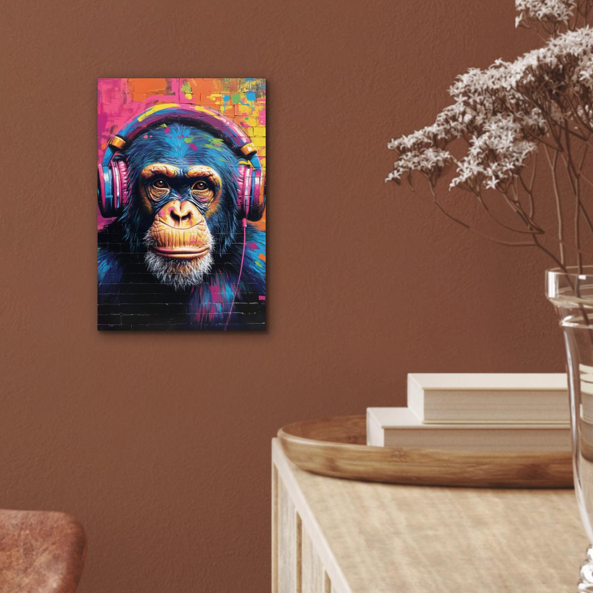 METALLBILD Graffiti - Schimpanse - Straßenkunst - Kopfhörer - Affe 20x30 cm - Blau, Metall (20/30cm) - MuchoWow