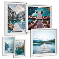 BILDER SET 5er Set - 50x50 cm & 20x30 cm & 40x60 cm Weißer Rahmen - Holzstege am See, Boote - Weiß, Kunststoff (40/60cm) - TULUP