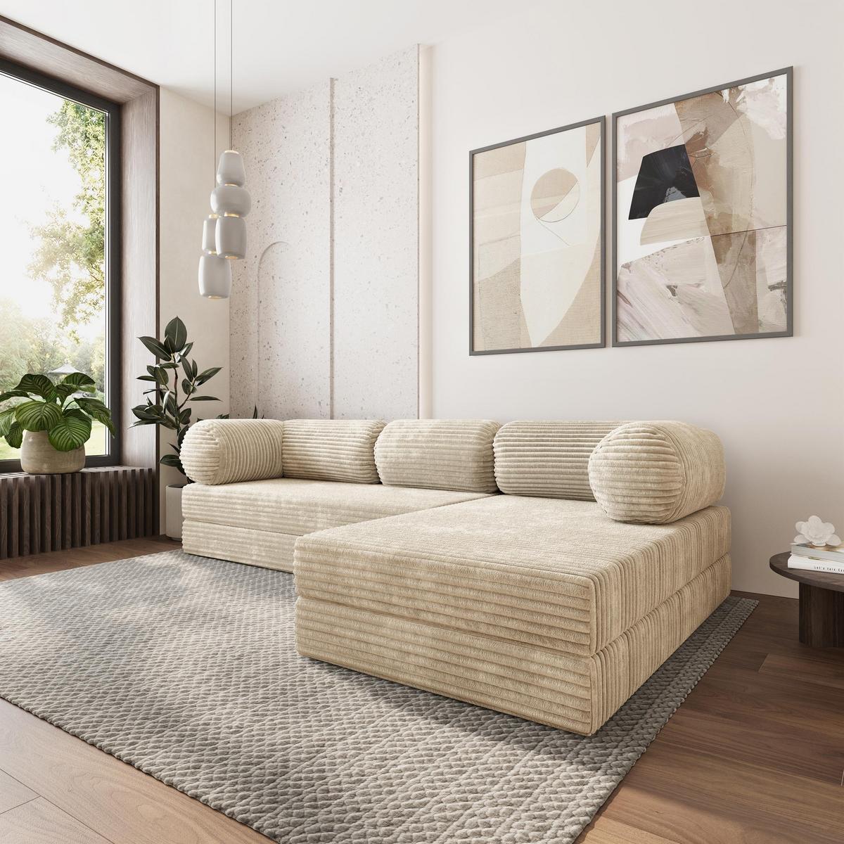 ECKSOFA ETERA modulares Boneless Sofa mit Schlaffunktion Creme Kordstoff - Creme, Textil (270/160cm) - MASSENO