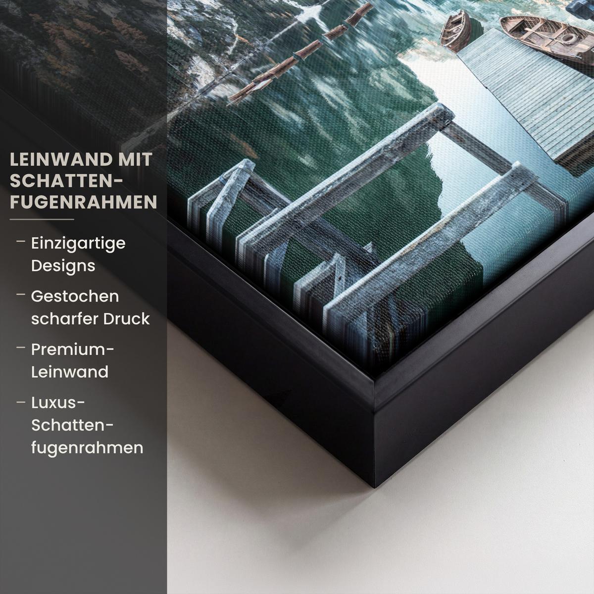 LEINWAND Bilder mit Rahmen - Natur - Berge - Schnee - Wald - Boot - 20x20 - Hellgrün, Textil (20/20cm) - MuchoWow