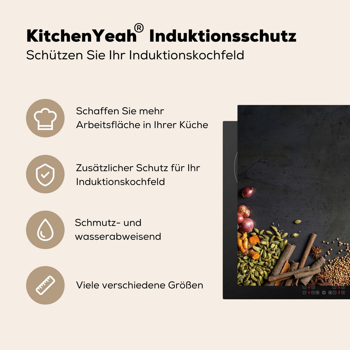 HERDABDECKPLATTE Kräuter - Lebensmittel - Gewürze - Schwarz - Paprika - Zimt Herdabdeckung Induktionsfeld 75x52 cm - Currygelb, Kunststoff (75/52/0.2cm) - MuchoWow