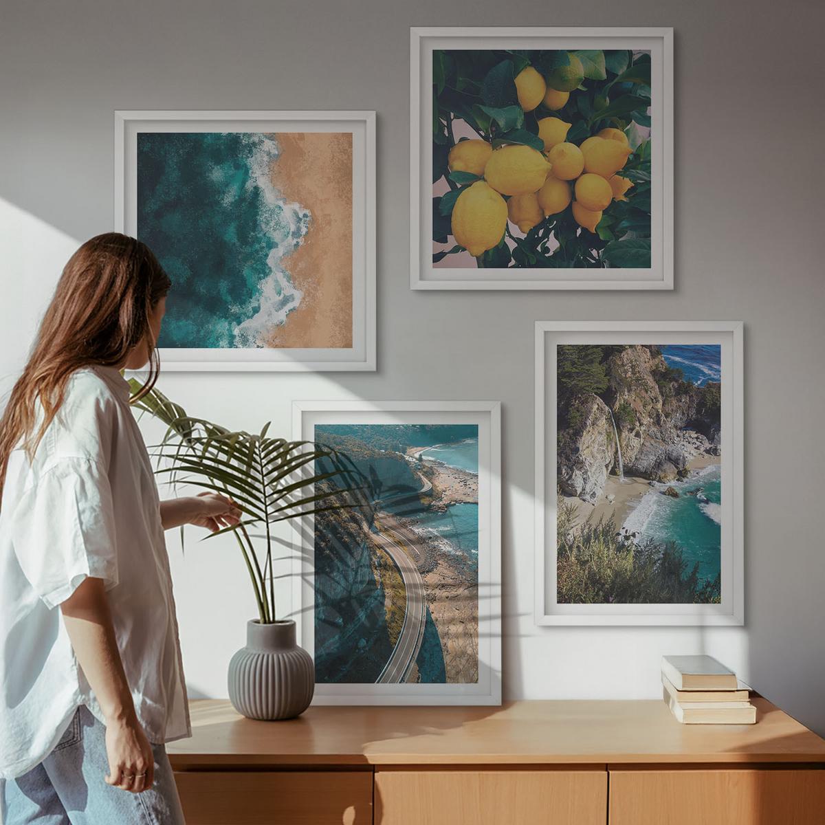 BILDER SET 4er Set - 50x50 cm & 40x60 cm Weißer Rahmen - Meerstrand Zitronen Berge - Weiß, Kunststoff (50/50cm) - TULUP
