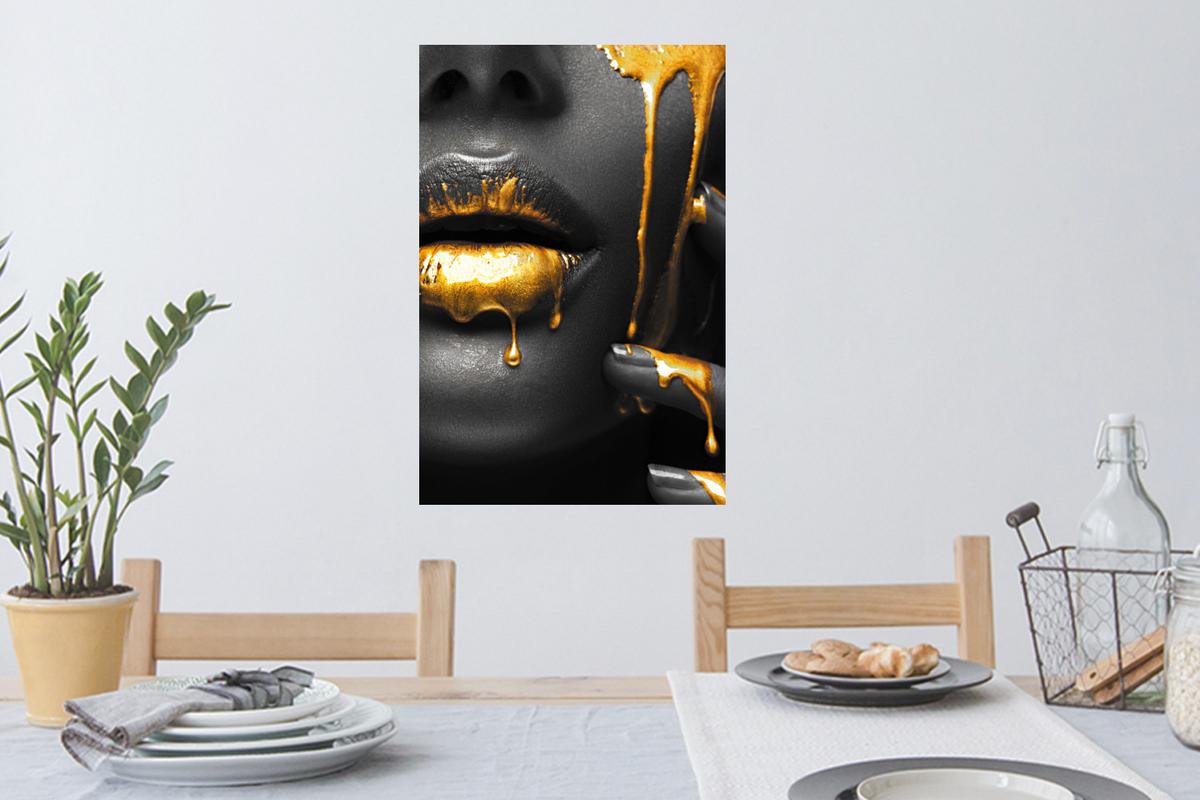 WANDTATTOO Frau - Schwarz - Gold - Gesicht - Lippen Wandbild 40x60 cm - Goldfarben, Kunststoff (40/60/0.1cm) - MuchoWow