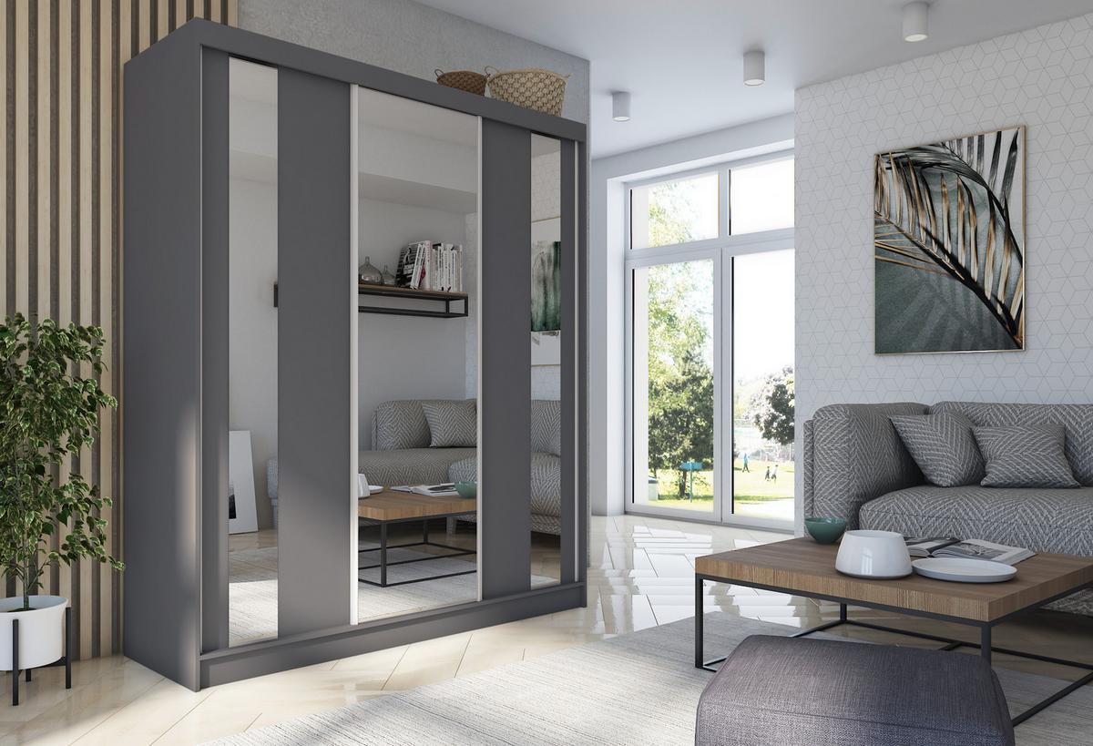 SCHWEBETÜRENSCHRANK GRAZIA 180/216/61 cm 3-türig mit Spiegel Grau - Grau, Holzwerkstoff (180/216/61cm) - MASSENO