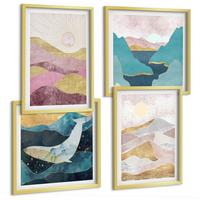 BILDER SET 4er Set - 50x50 cm & 40x60 cm Goldrahmen - Abstrakte Berge Sonne - Goldfarben, Kunststoff (50/50cm) - TULUP