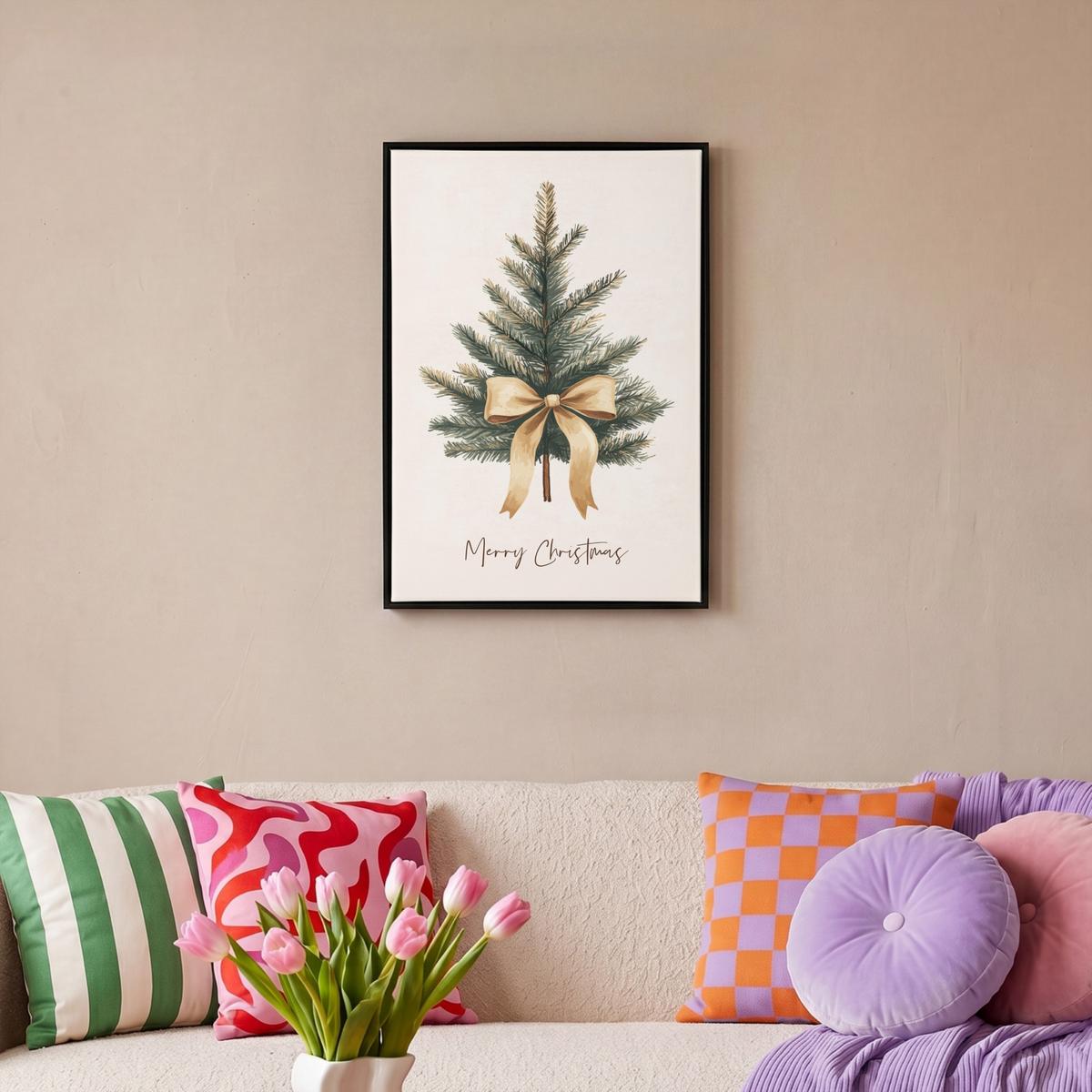 LEINWAND Bilder mit Rahmen - Weihnachtsbaum - Weihnachten - Frohe Weihnachten - Beige - 40x60 - Sandfarben, Textil (40/60cm) - MuchoWow