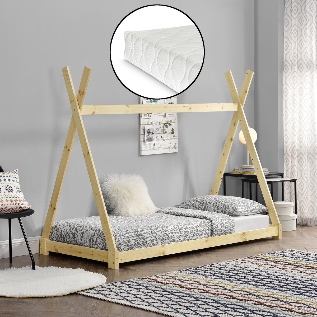 KINDERBETT Onejda mit Matratze - Naturfarben, Holz/Textil (90/200cm) - [en.casa]
