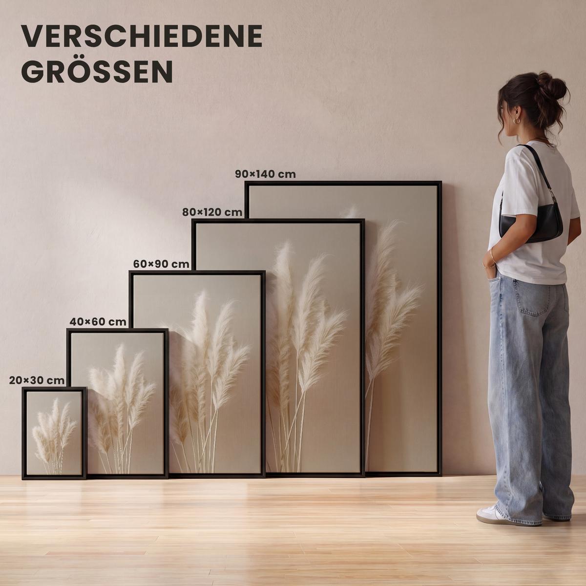 LEINWAND Bilder mit Rahmen - Pampasgras - Federn - Pastell - Weiß - 100x150 - Naturfarben, Textil (100/150cm) - MuchoWow