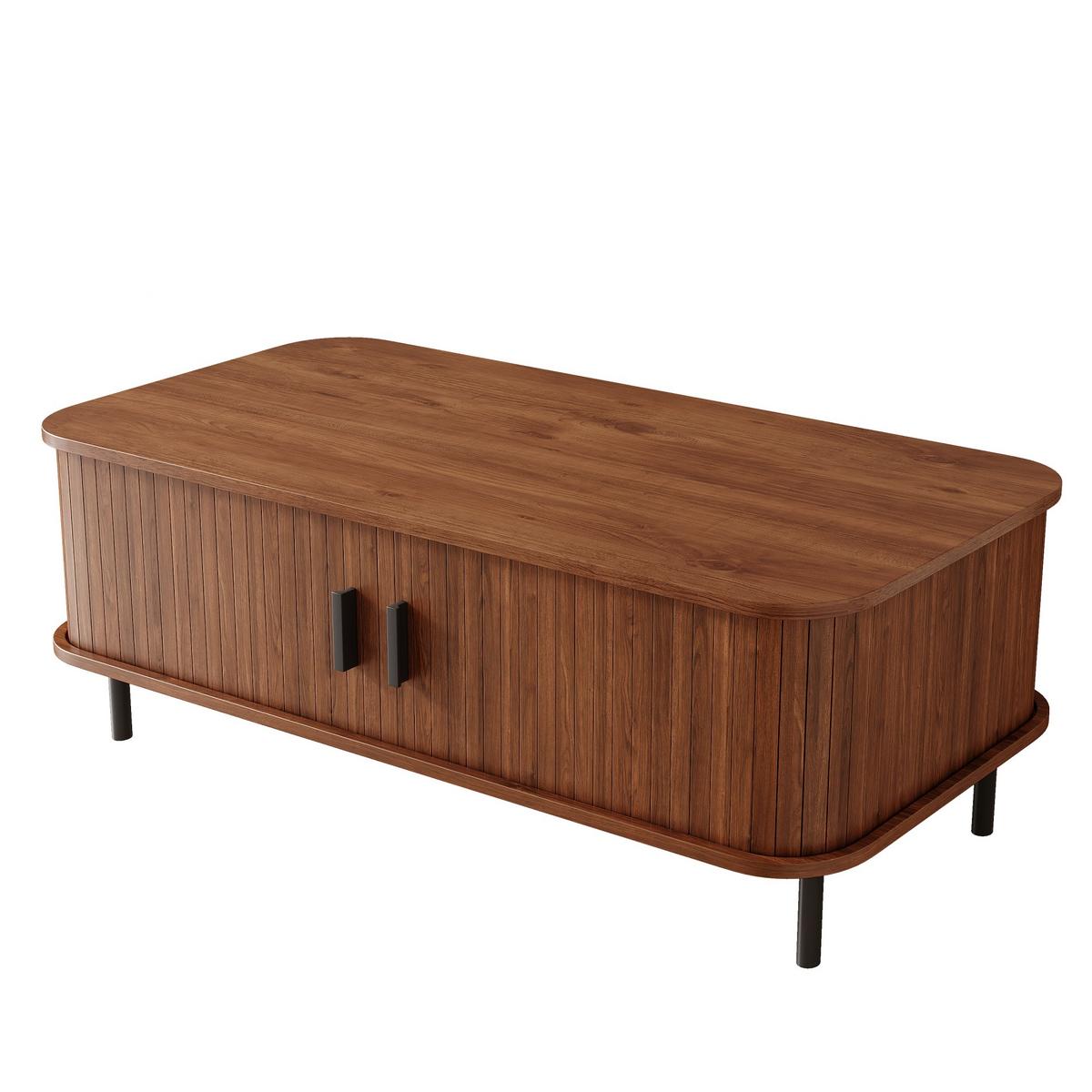 COUCHTISCH Nussbaum Rechteckig mit Schiebetüren Lamellenoptik & Stauraum - Walnussfarben, Holzwerkstoff (55/120/45cm) - Urban Meuble