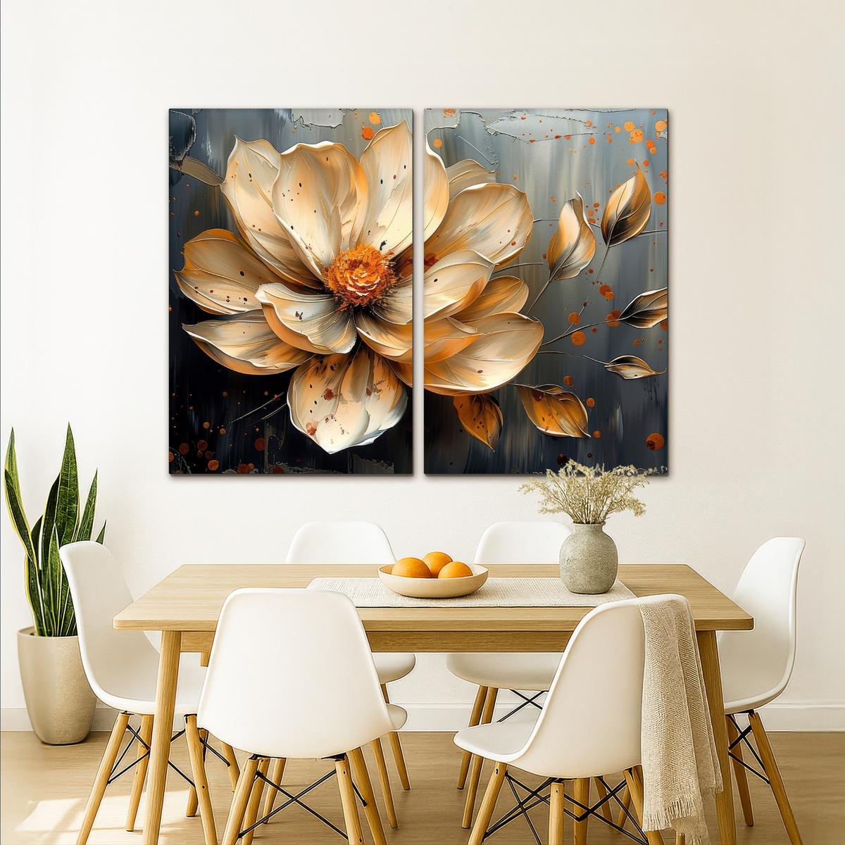LEINWANDBILD 2er Set Blume - Gold - Abstrakt - Farbe 160x120 cm - Creme, Textil (160/120cm) - MuchoWow