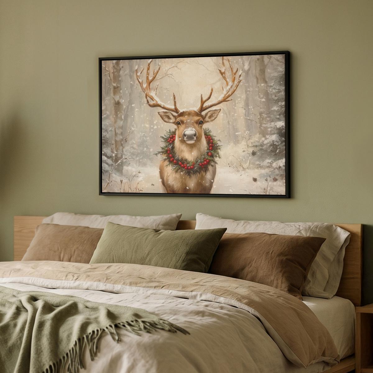LEINWAND Bilder mit Rahmen - Weihnachten - Rentier - Winter - Kranz - 80x60 - Naturfarben, Textil (80/60cm) - MuchoWow