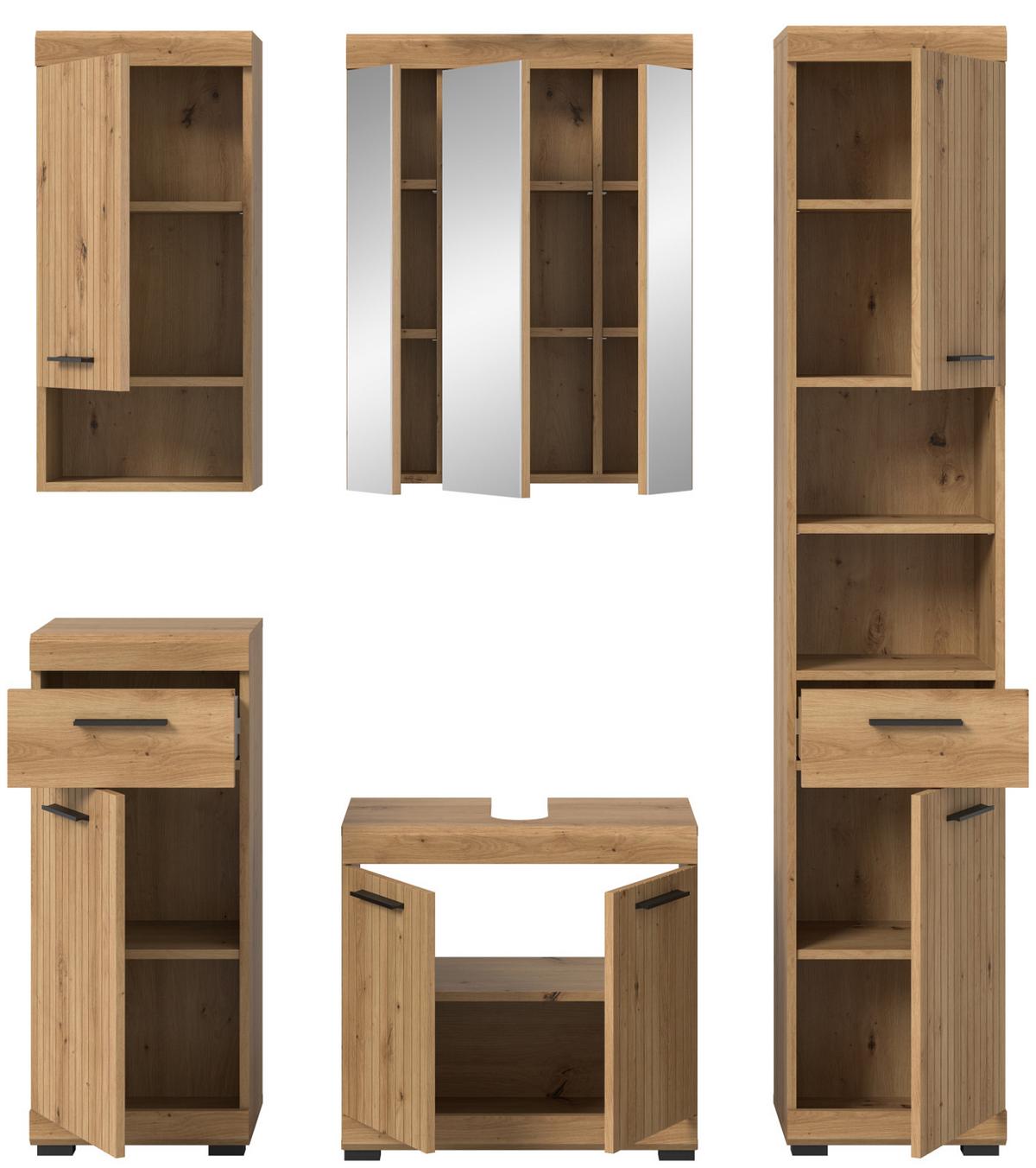 BADMÖBEL-SET 5-teilig Eiche Artisan 164 x 191 cm, Komplettset mit viel Stauraum - Schwarz/Eiche Artisan, Glas/Holzwerkstoff (164/191/34cm) - Inn.Furn