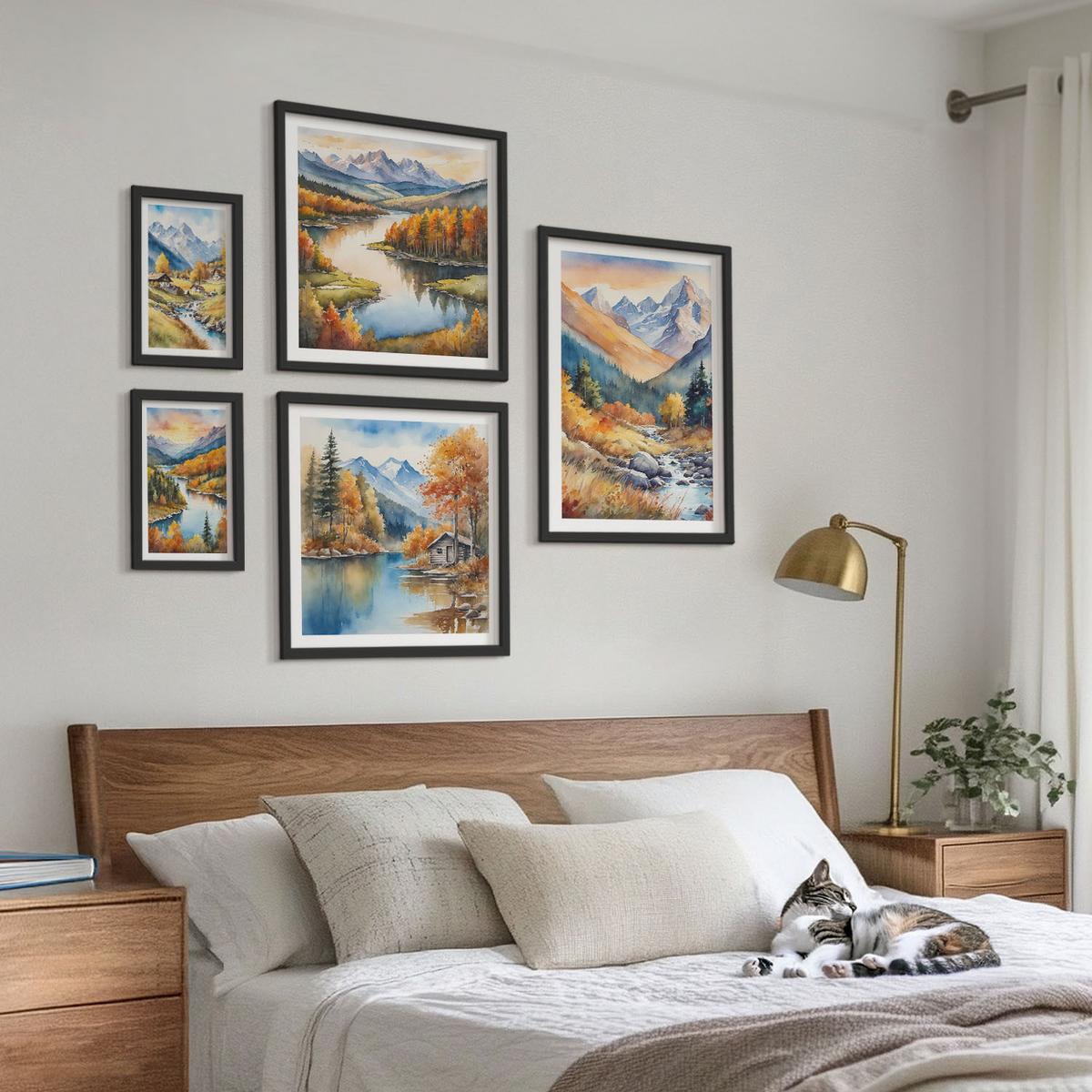 BILDER SET 5er Set - 50x50 cm & 20x30 cm & 40x60 cm Schwarzer Rahmen - Berglandschaft, Flusshütten - Schwarz, Kunststoff (40/60cm) - TULUP