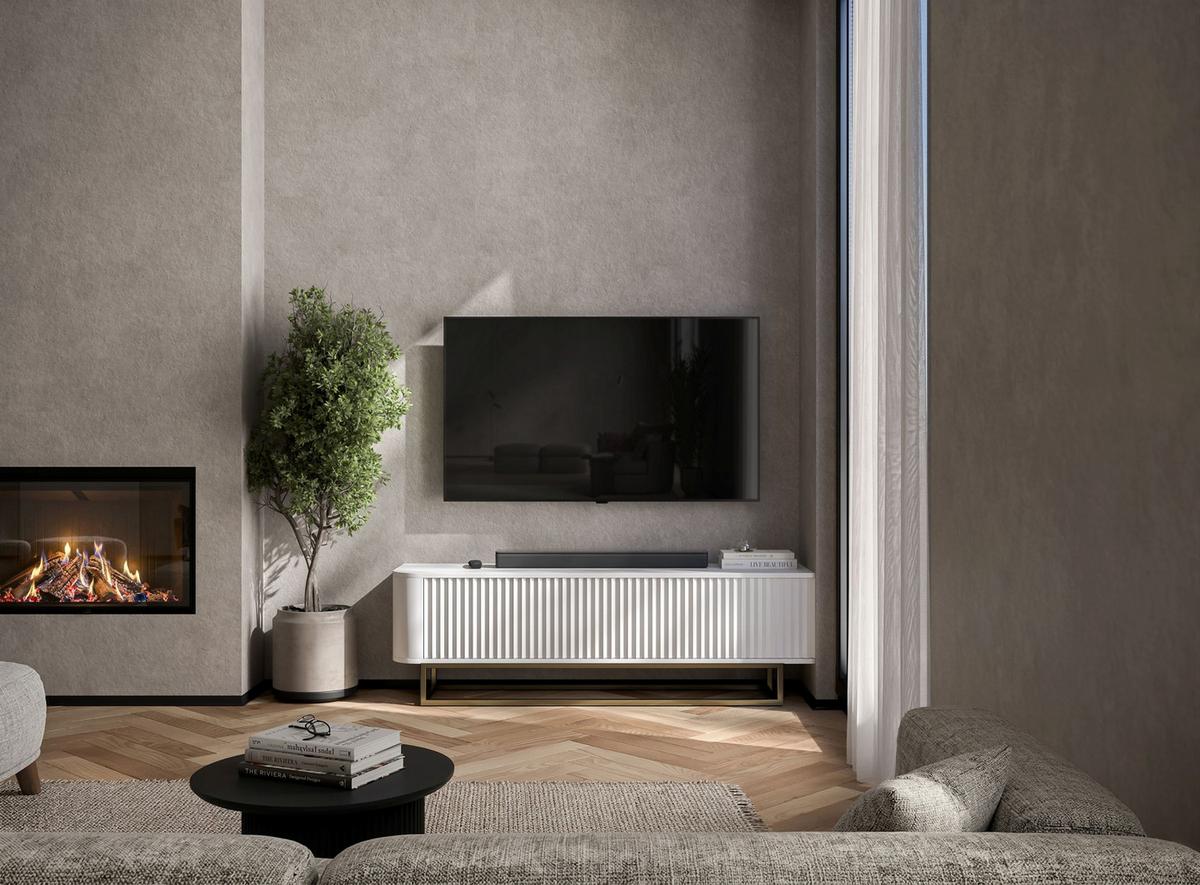 TV-LOWBOARD Aurora Weiß matt 140 cm mit goldenem Metallrahmen - Schwarz/Weiß, Holzwerkstoff/Metall (140/44/35cm) - Meble Lindner