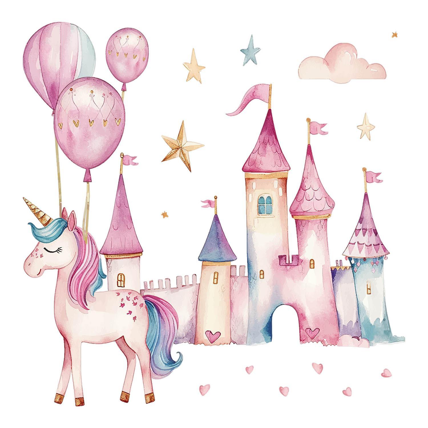 WANDAUFKLEBER 60x82cm - Einhornschloss - Multicolor, Kunststoff (60/82/0.1cm) - Wallfluent