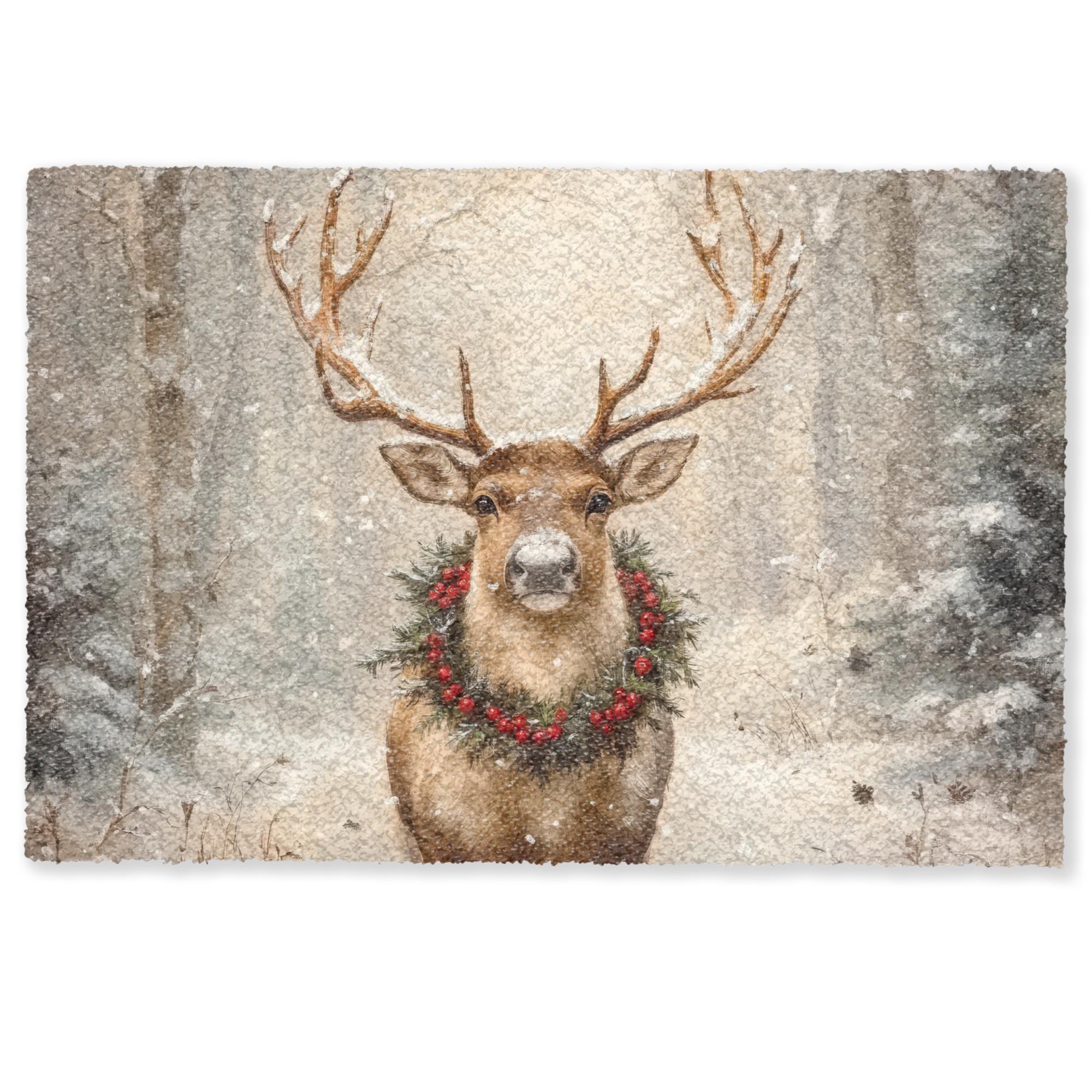 FUSSMATTE Weihnachten - Rentier - Winter - Kranz Flurteppich 90x60 cm - Braun, Kunststoff (90/0.4cm) - MuchoWow