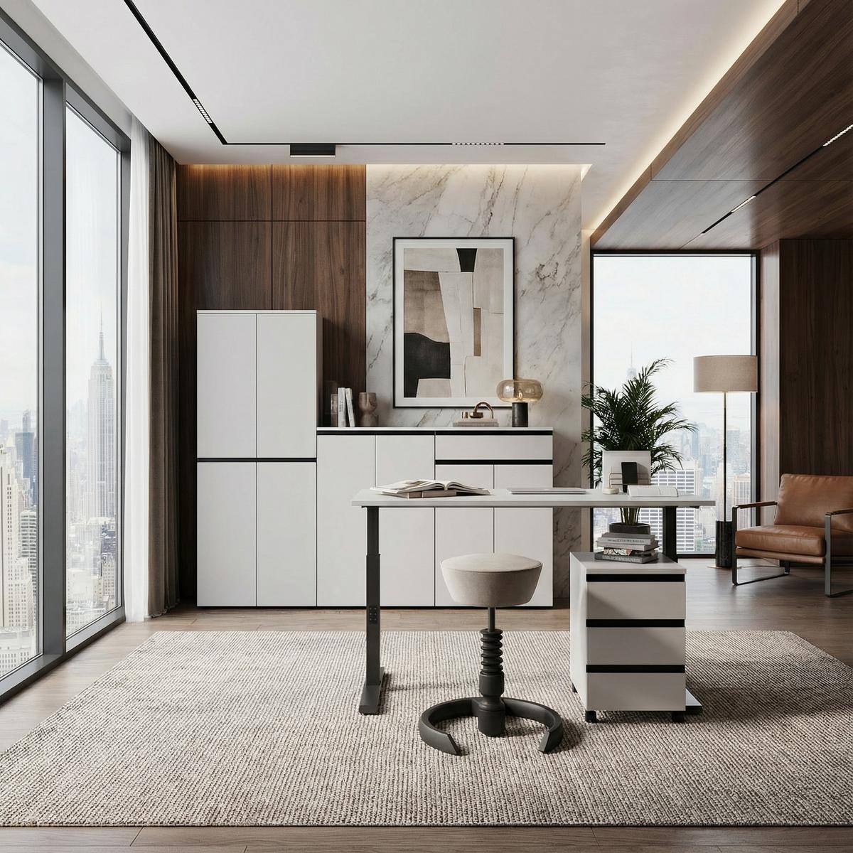 BÜROMÖBEL Set 2-teilig | Schreibtisch 140x80cm & Rollcontainer Greige/Schwarz | Einstellbar 68-91 cm & Soft-Close - Beige, Holzwerkstoff/Metall (80/195/91cm) - KADIMA DESIGN