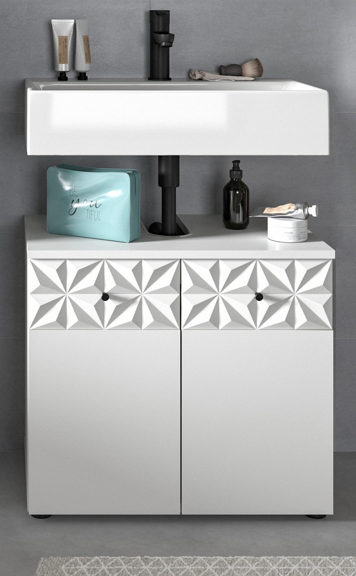 WASCHBECKENUNTERSCHRANK weiß Hochglanz 60 cm, Badschrank mit 3D-Struktur - Weiß Hochglanz/Schwarz, Holzwerkstoff/Kunststoff (60/54/34cm) - Inn.Furn