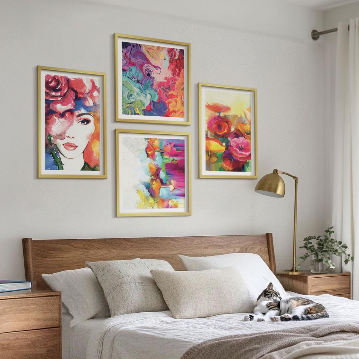 BILDER SET 4er Set - 50x50 cm & 40x60 cm Goldrahmen - Porträt von Blumen in intensiven Farben - Goldfarben, Kunststoff (50/50cm) - TULUP