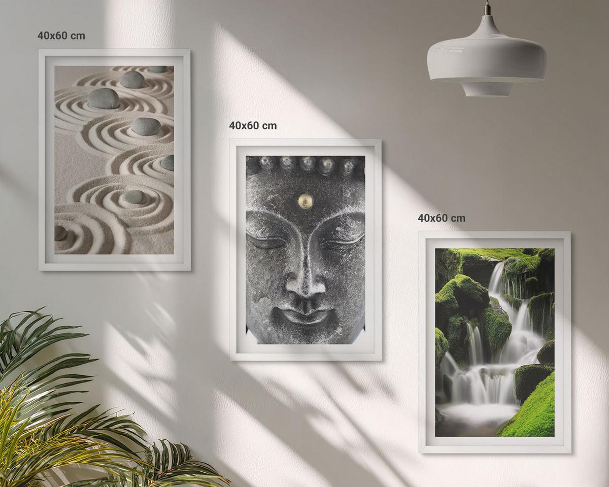 BILDER SET 3er Set - 40x60 cm Weißer Rahmen - Der Frieden der Steine des Buda Zen-Wasserfalls - Weiß, Kunststoff (40/60cm) - TULUP