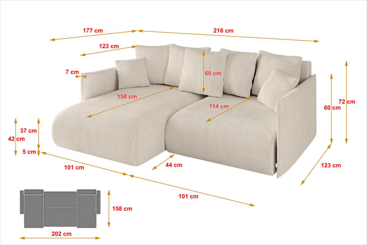 ECKSOFA Ottomane links ONESK-L 216x177x72 Beige Cord - Beige, Holzwerkstoff/Kunststoff (216/177cm) - ALTDECOR