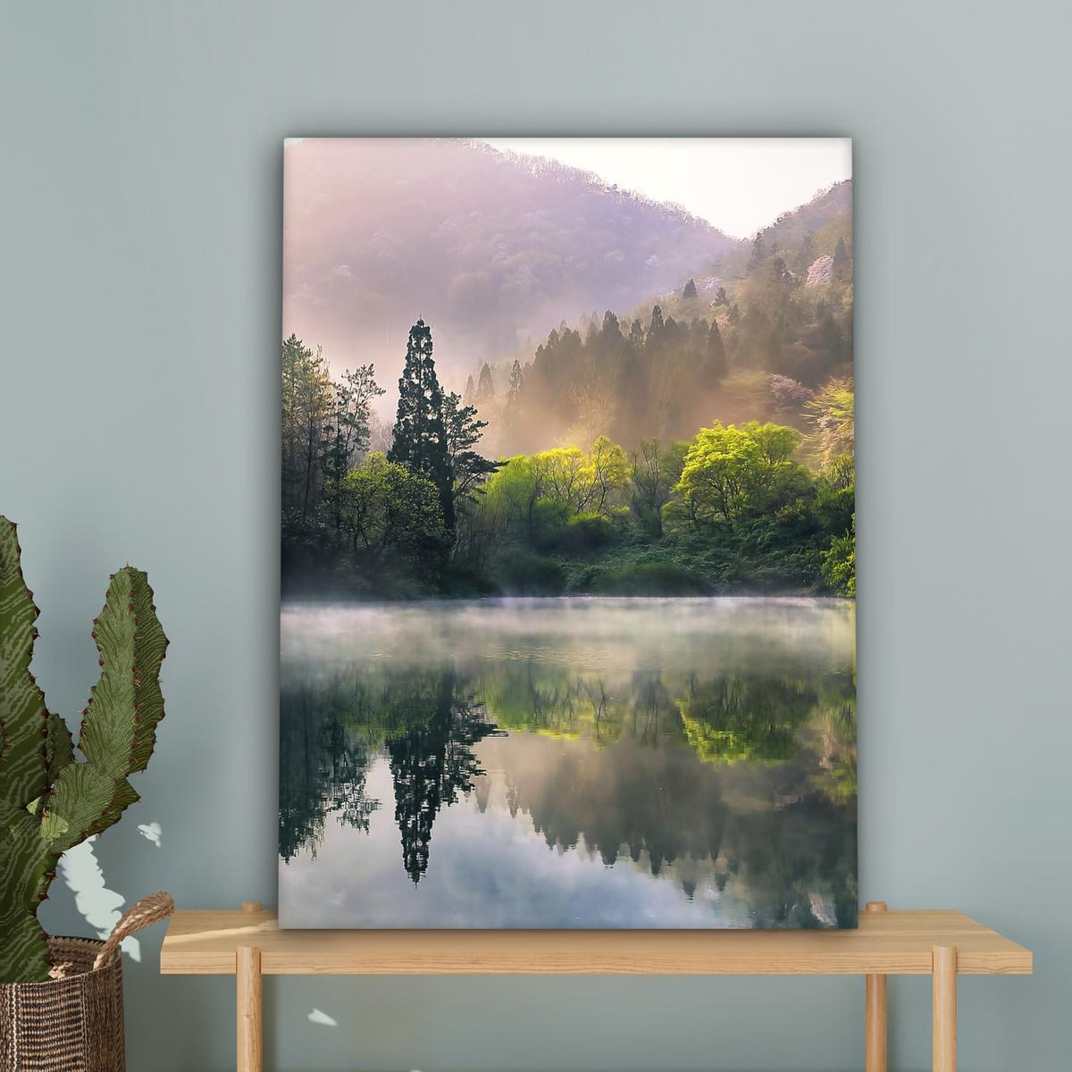 LEINWANDBILD Natur - Bäume - Berge - See - Wasser Wandbild Wohnzimmer 60x80 cm - Hellgrün, Textil (60/80cm) - MuchoWow