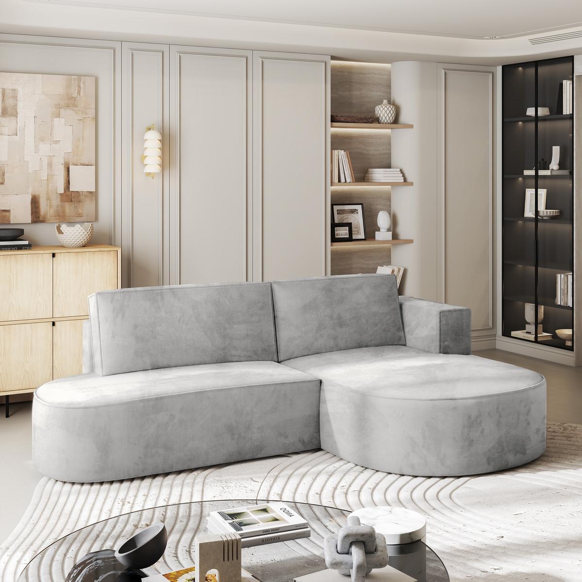 ECKSOFA CORTIO M R-S Hellgrau Velours-Stoff mit Schlaffunktion - Hellgrau/Grau, Holz/Kunststoff (265/174cm) - MASSENO