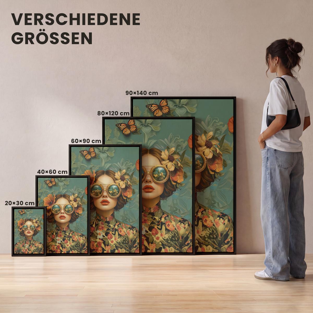 LEINWAND Bilder mit Rahmen - Frau - Blumen - Schmetterlinge - Natur - Vintage - 80x120 - Salbeigrün, Textil (80/120cm) - MuchoWow