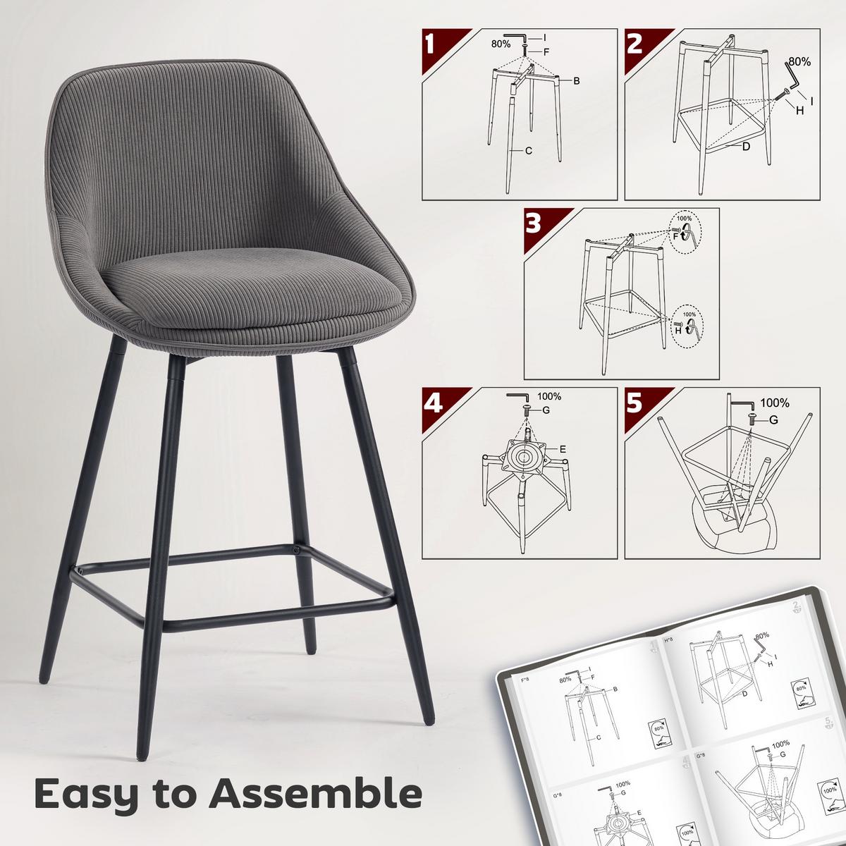 BARHOCKER 2er Set mit Fußstütze Rückenlehne Kord-Optik Grau - Schwarz/Grau, Textil (49/88/52cm) - HOMCOM