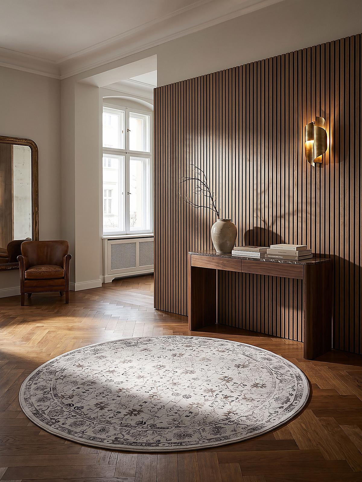 TEPPICH Kurzflor, waschbar, mit floralen Ornamenten, VERNANTE in Creme, Ø 120 cm - Beige, Textil (120/120cm) - KADIMA DESIGN