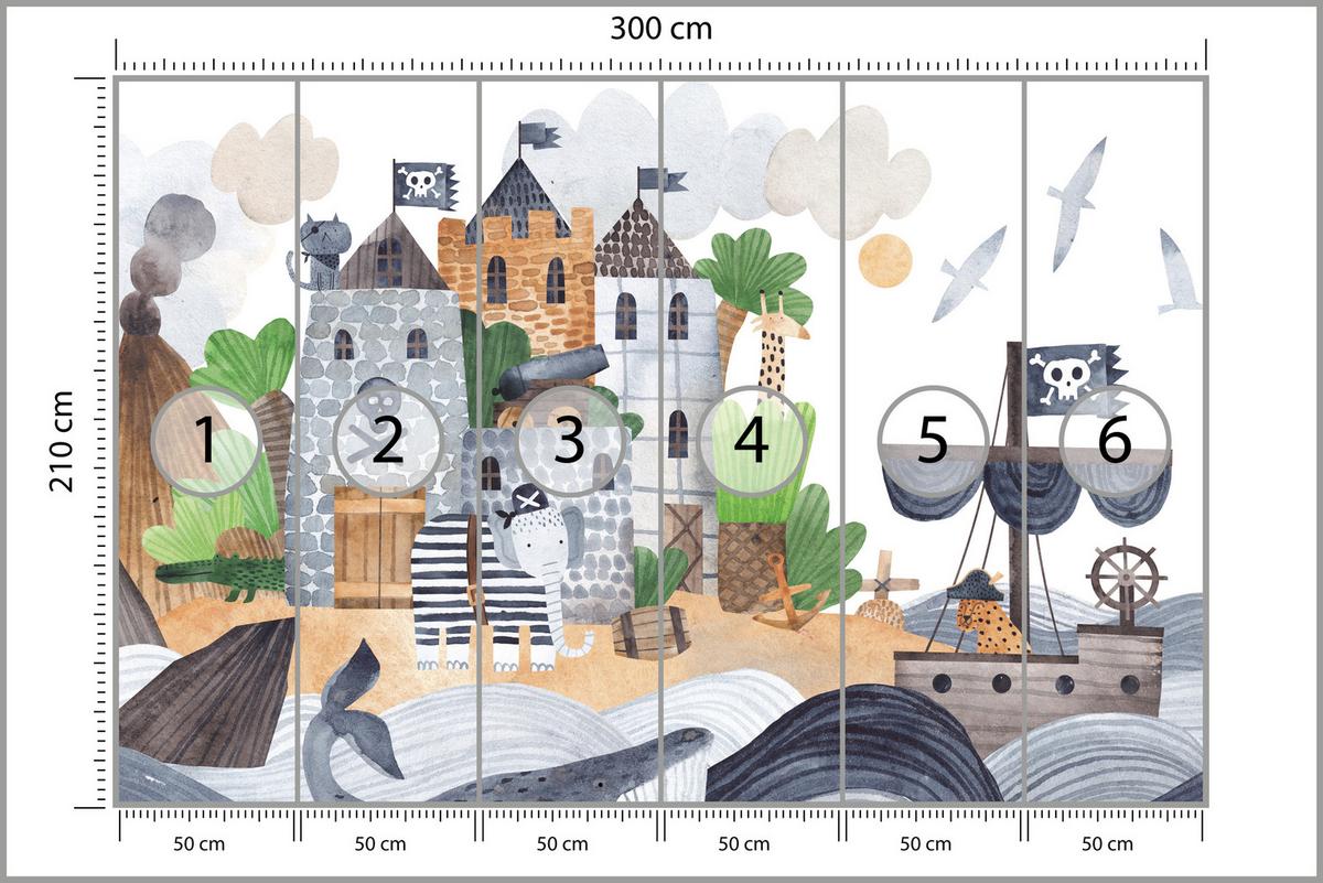 FOTOTAPETE für Kinderzimmer Märchen Piratenfestung Schiff Meereswellen 300x210 - Blau/Beige, Papier (300/210cm) - Muralo