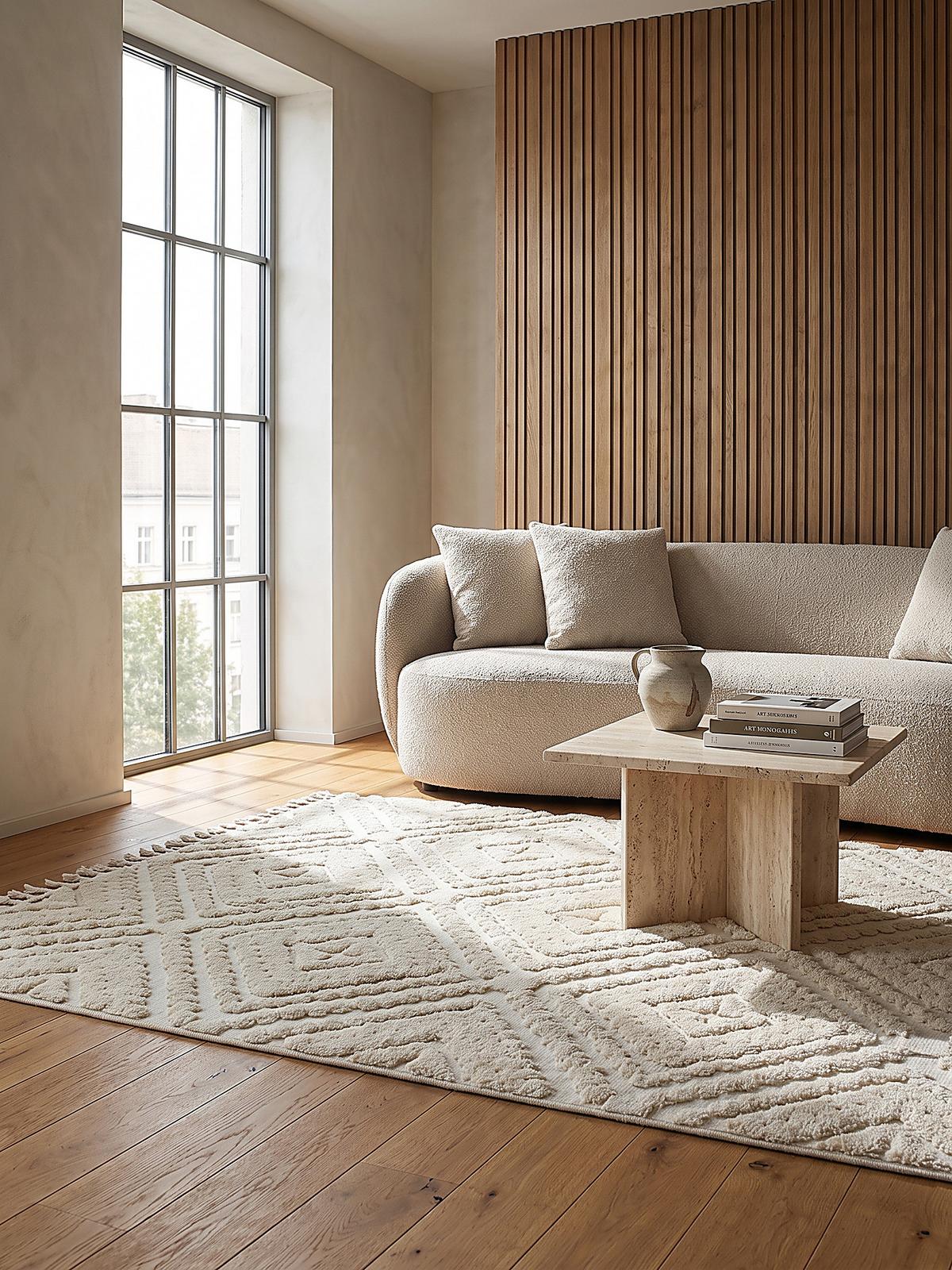 TEPPICH Hochflor, mit Fransen, TALLA, in Creme, Rautenmuster, 133 x 190 cm - Beige, Textil (133/190cm) - KADIMA DESIGN