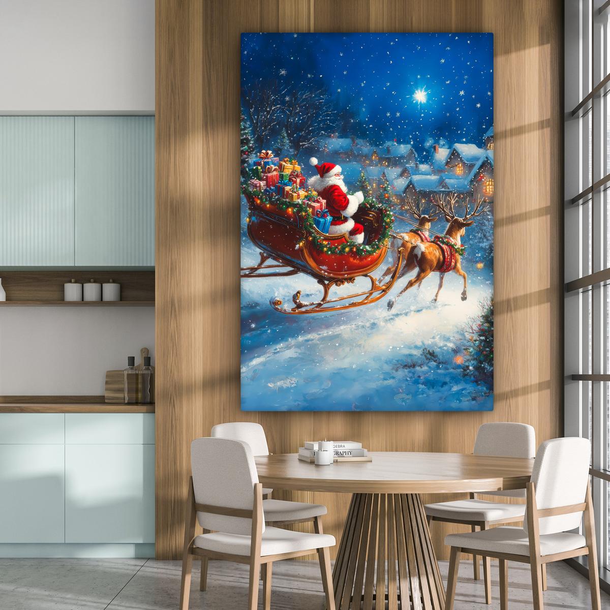 LEINWANDBILD Weihnachtsmann - Rentier - Weihnachten - Schnee Deko Groß 90x140 cm - Cognac, Textil (90/140cm) - MuchoWow