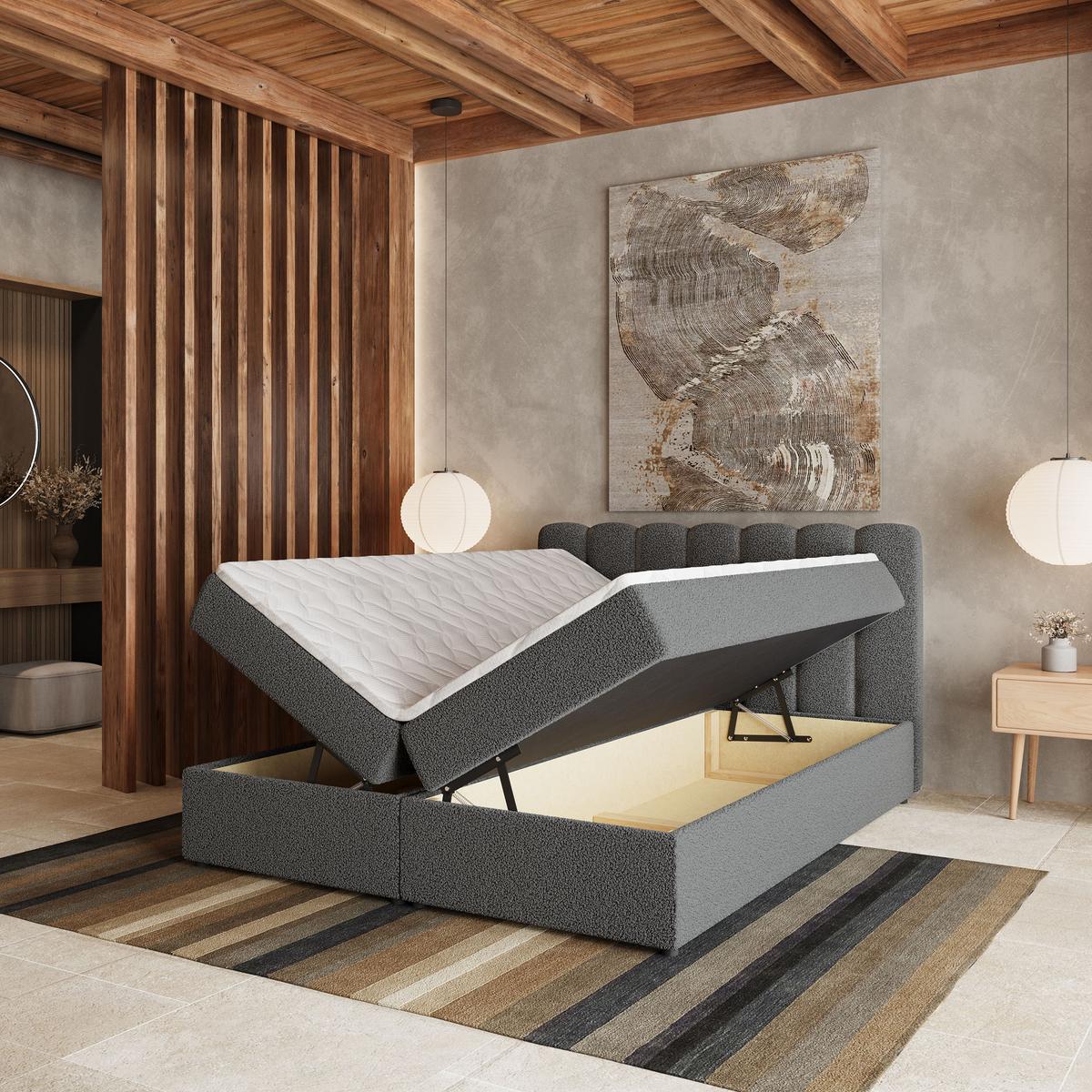 BOXBETT SOLIA 160x200 cm mit Matratze und Topper, H2+H3 - Grau - Grau, Holz (160/200cm) - MASSENO