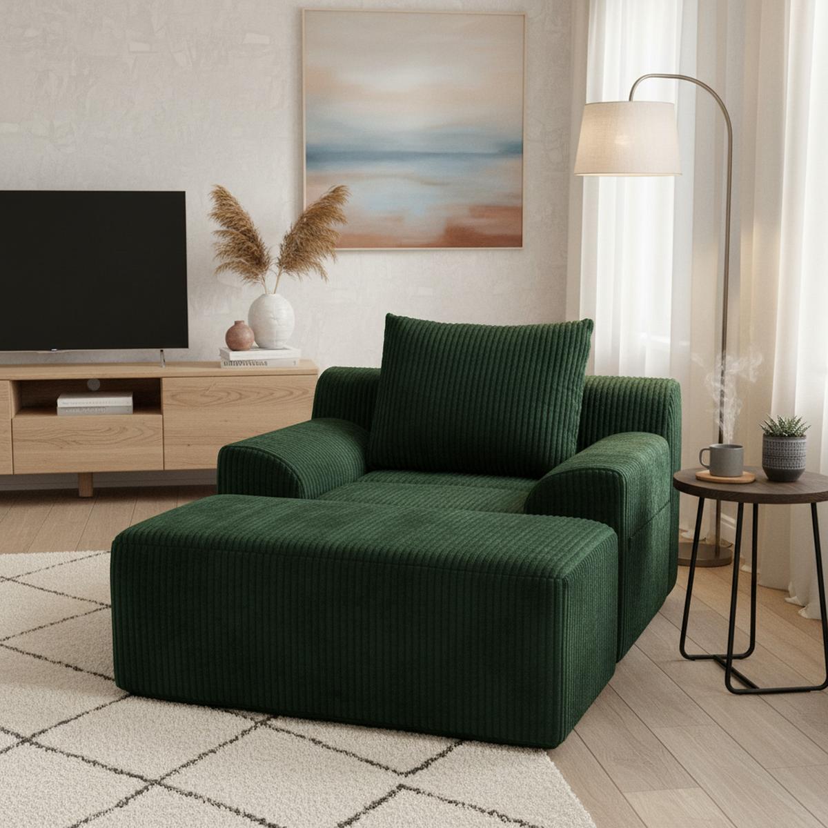 SESSEL mit Hocker in Cord Übergroßer Relaxsessel - Grün, Textil (110/67/147cm) - Urban Meuble