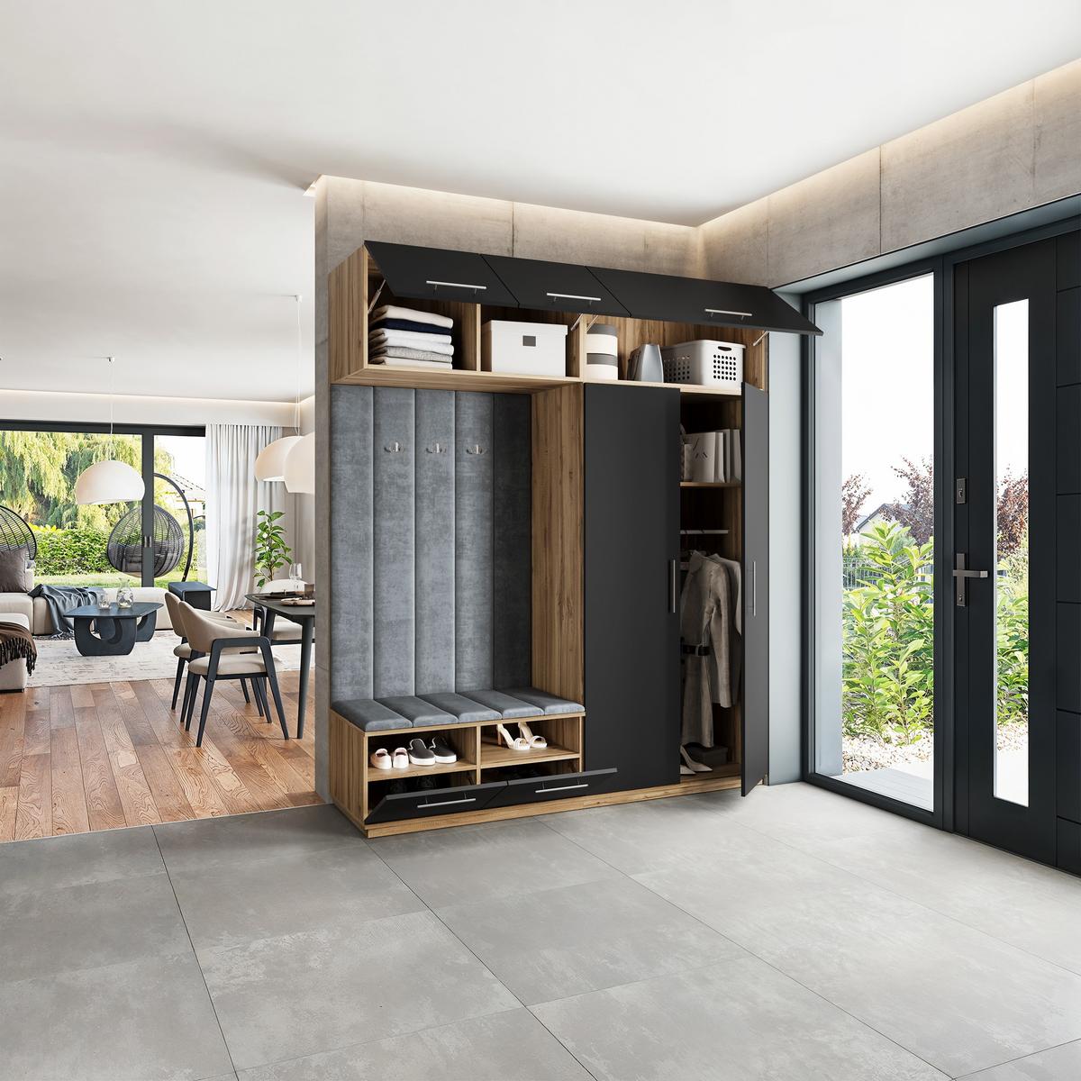 GARDEROBENSCHRANK REMA 200/240/60 cm Modern Garderobe-Set Eiche Wotan - Eiche Wotan/Schwarz, Holzwerkstoff (200/240/60cm) - MASSENO