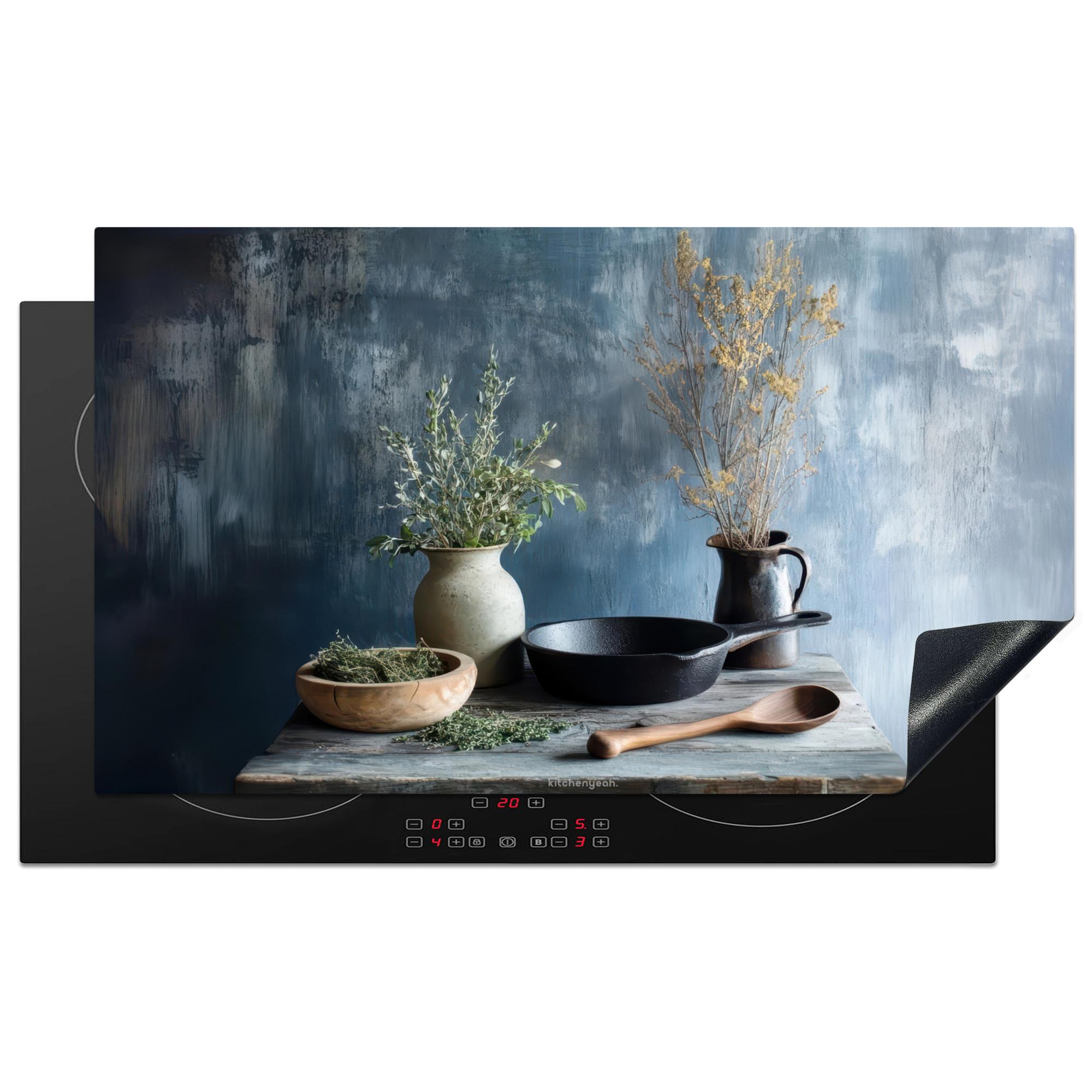 HERDABDECKPLATTE Stilleben - Kräuter - Rustikal Induktionsschutz 91.2x52 cm - Blaugrau, Kunststoff (91.2/52/0.2cm) - MuchoWow