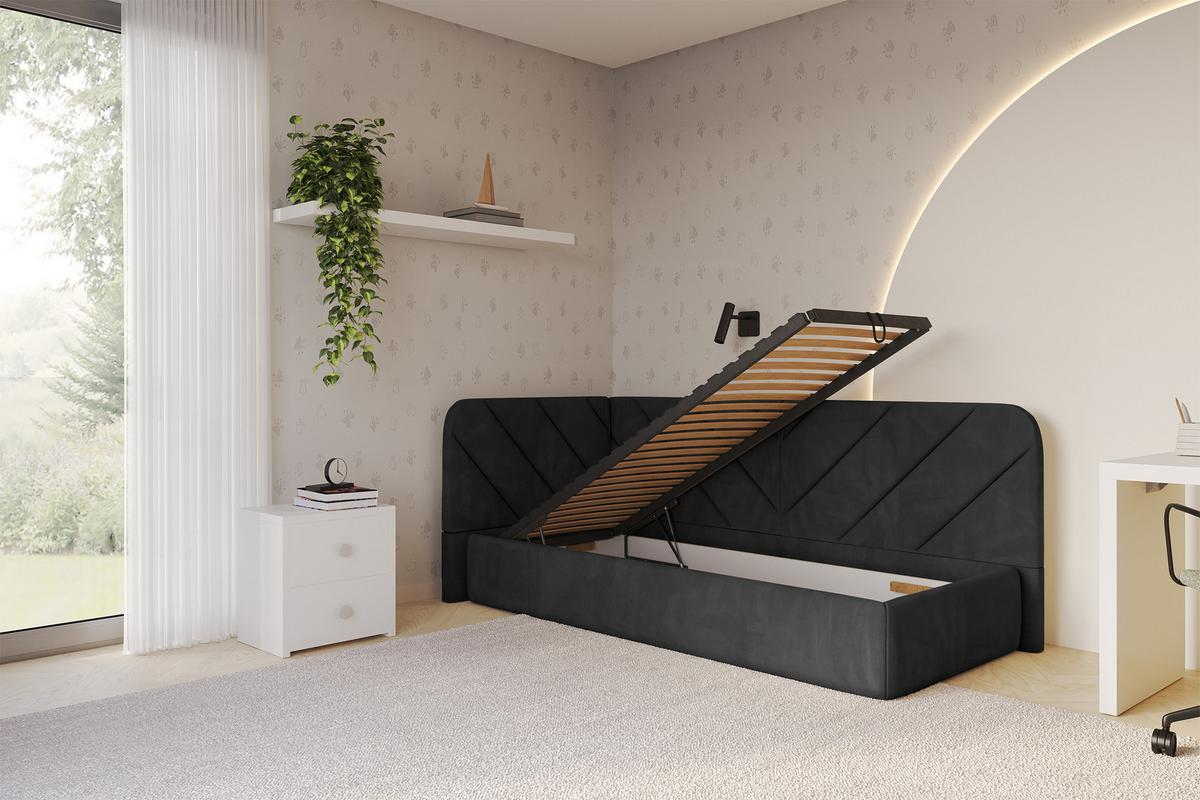 EINZELLBETT Jugendbett mit Bettkasten und Matratze H3/H4, Rechts - FIKY 90x200 Schwarz - Anthrazit, Holzwerkstoff/Textil (90/200cm) - ALTDECOR